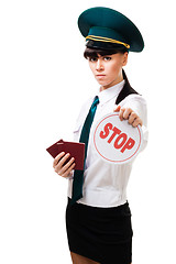 Image showing Immigration worker with stop sign