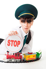 Image showing Railroad worker with stop sign