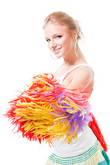 Image showing Woman cheer leader smile and shake pompoms