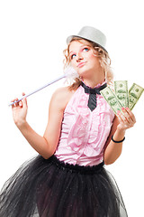 Image showing blond woman illusionist with dollars