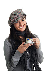 Image showing Young woman smile with cup of coffee