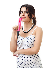 Image showing Woman thinking holding conceptual pen