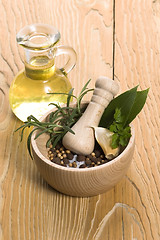 Image showing Mortar and pestle, with fresh-picked herbs