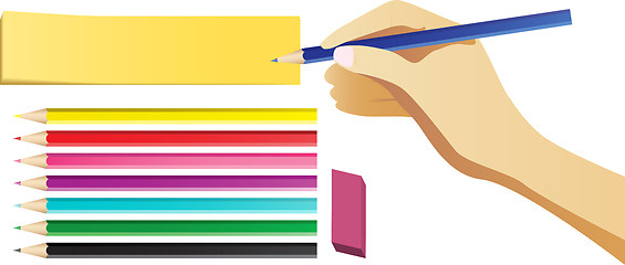 Image showing Hand writing on note with set of colored pencils.