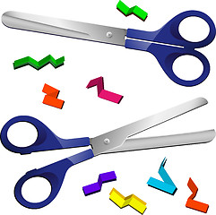 Image showing Two Scissors with cut paper pieces