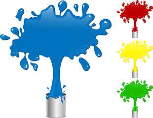 Image showing Blue, Red, Yellow and Green Paint Splash Buckets.