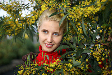 Image showing young female face bordered by bright yellow mimosa flowers