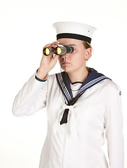 Image showing young sailor with binoculars isolated white background