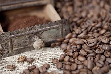 Image showing Detail of an old coffee grinder with coffee beans
