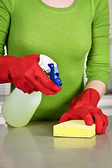 Image showing Girl cleaning kitchen