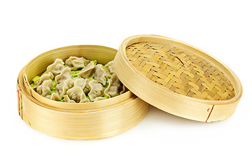 Image showing Bamboo steamer with dumplings