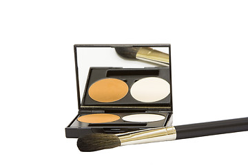 Image showing make-up box with powder and brush isolated in white