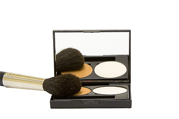 Image showing make-up box with powder and brush isolated in white