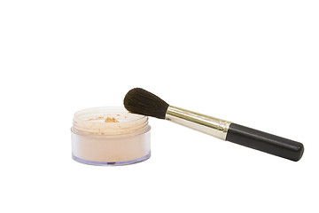 Image showing Opened make-up powder jar with brush