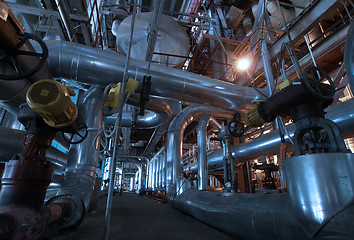 Image showing Pipes, tubes, machinery and steam turbine at a power plant