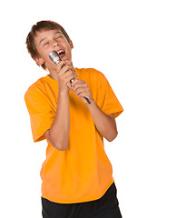 Image showing boy singing karaoke