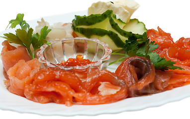 Image showing Slices of the lox, red roe, cucumber