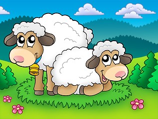 Image showing Pair of cute sheep on meadow