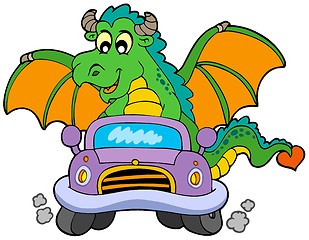 Image showing Cartoon dragon driving car