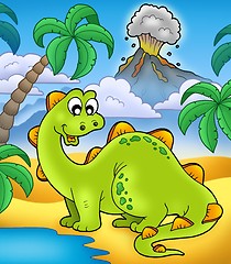 Image showing Cute dinosaur with volcano