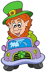 Image showing Cartoon leprechaun driving car