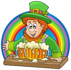 Image showing Leprechaun with beers and rainbow