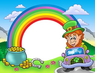 Image showing Rainbow frame with leprechaun in car