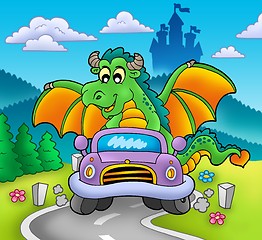 Image showing Green dragon driving car