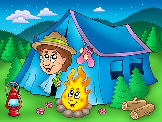 Image showing Cartoon scout boy in tent