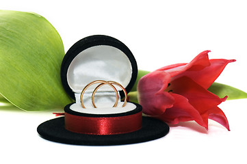 Image showing Wedding rings in a casket with a red tulip