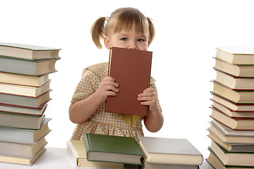 Image showing Little girl hiding behind the book, back to school