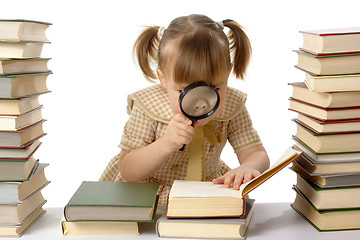 Image showing Girl is looking at book through magnifier