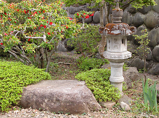 Image showing Japanese garden with old stone lantern