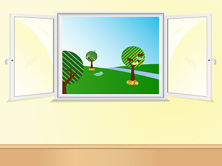 Image showing Window open showing beautiful landscape.