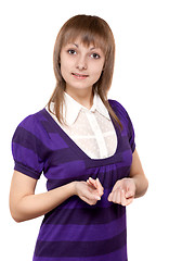 Image showing Young beautiful girl in violet striped cloth