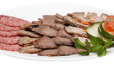 Image showing Smoked meat and sausage on plate