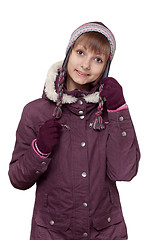 Image showing Girl in winter violet hooded jacket with hat