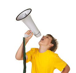 Image showing boy with megaphone on white