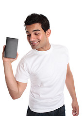 Image showing Man promoting selling a boxed product