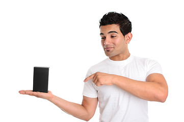 Image showing Man looking and pointing to your retail product or other object