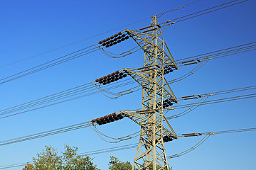 Image showing Electricity. Pillar against the blue sky