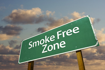 Image showing Smoke Free Zone Green Road Sign and Clouds