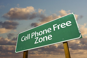 Image showing Cell Phone Free Zone Green Road Sign and Clouds