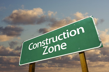 Image showing Construction Zone Green Road Sign and Clouds