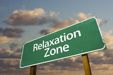 Image showing Relaxation Zone Green Road Sign and Clouds