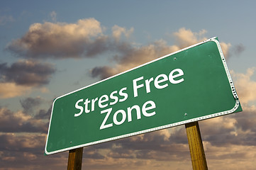 Image showing Stress Free Zone Green Road Sign and Clouds