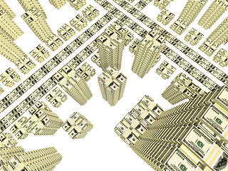 Image showing stack of bills placed as streets and building of city isolated