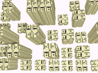 Image showing stack of bills placed as streets and building of city isolated