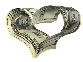 Image showing valentine heart shape made by dollars isolated