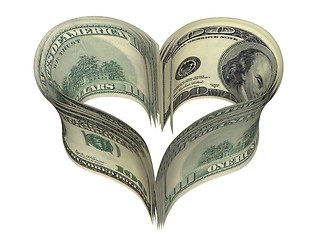 Image showing valentine heart shape made by dollars isolated